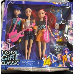 Cool Girl Classic Fashion Doll Set 3-Pack with Guitars and Blue Cat New